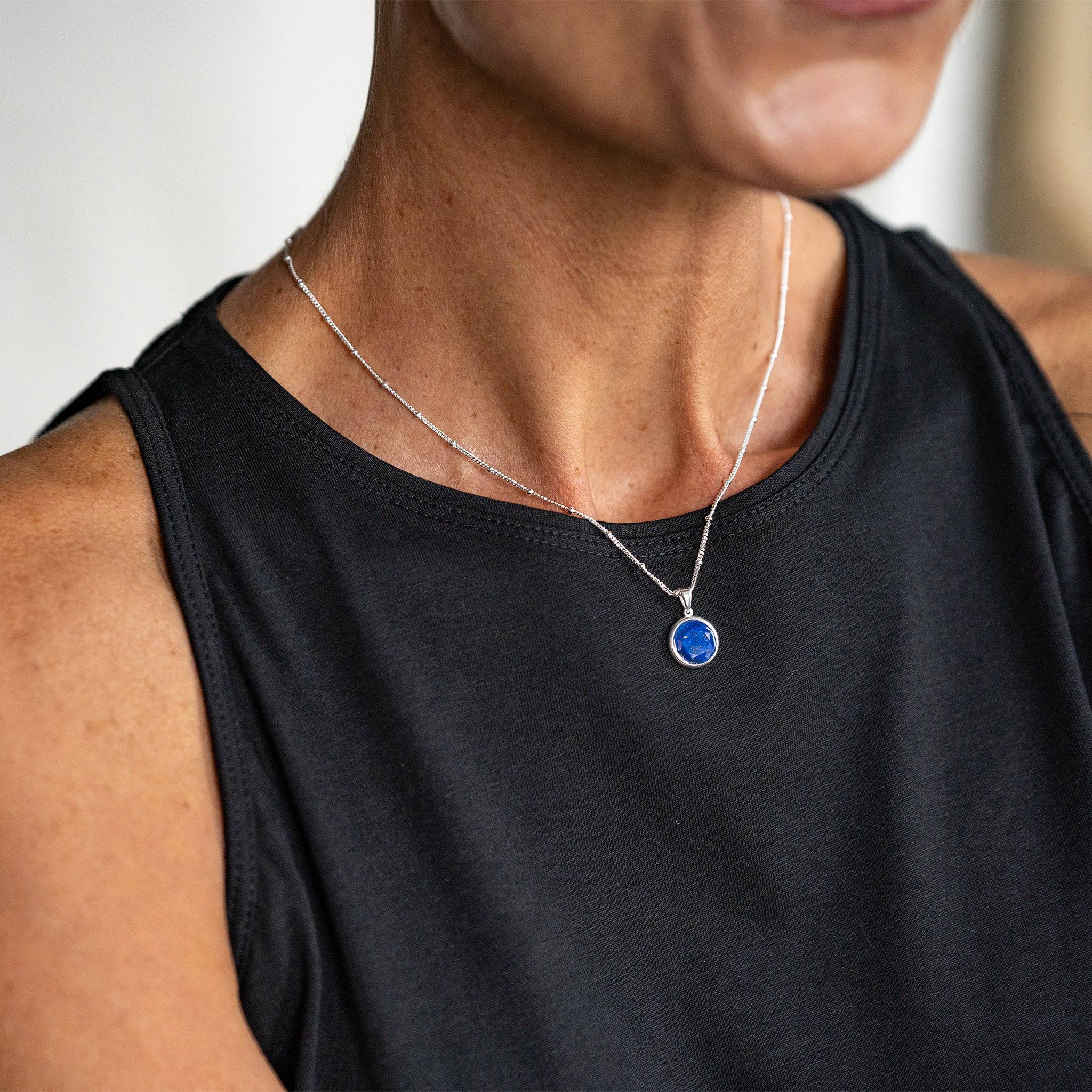 model wears Lapis Lazuli Silver Disc Necklace