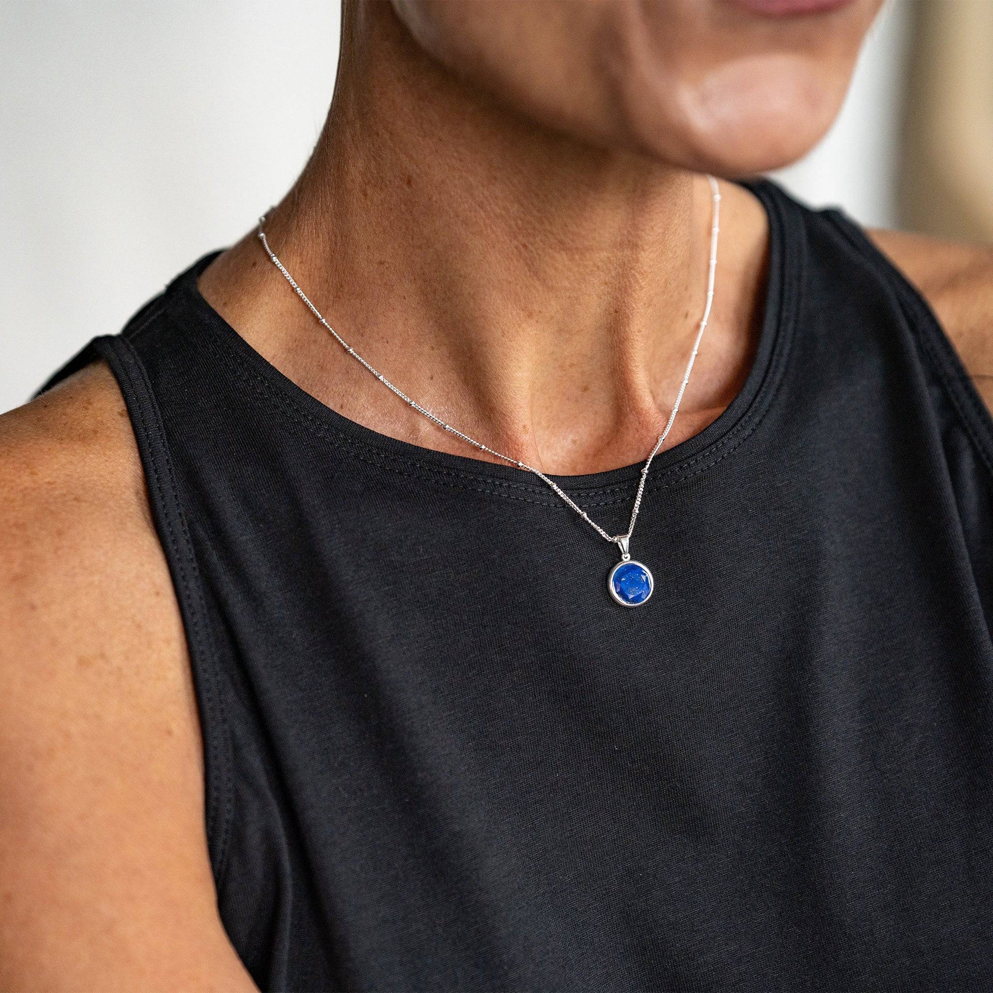 model wears Lapis Lazuli Silver Disc Necklace
