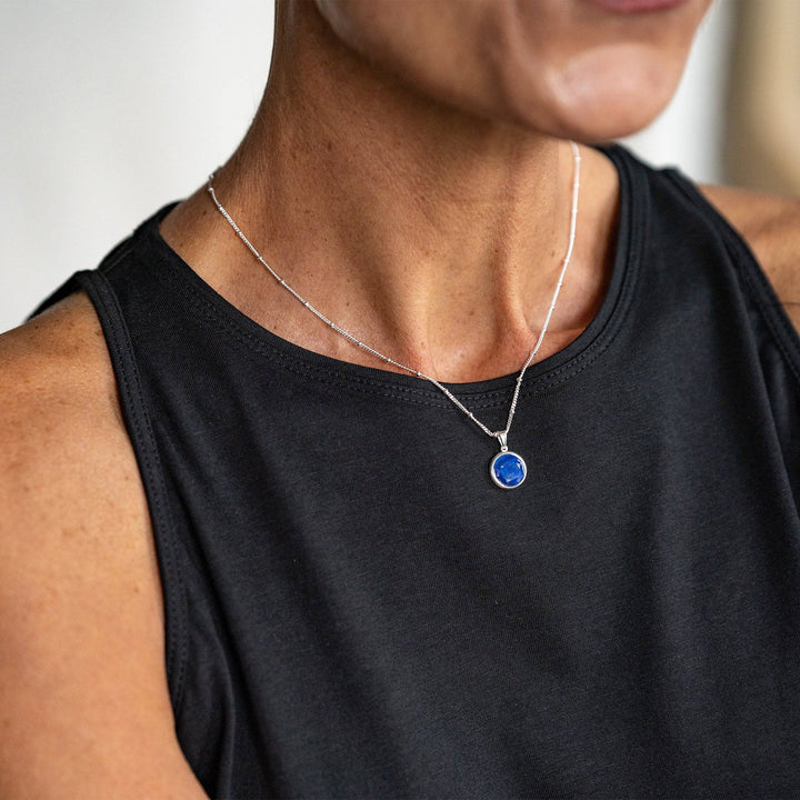 model wears Lapis Lazuli Silver Disc Necklace