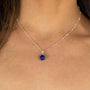 model wears Lapis Lazuli Silver Lichen Pendant Necklace -  close up 