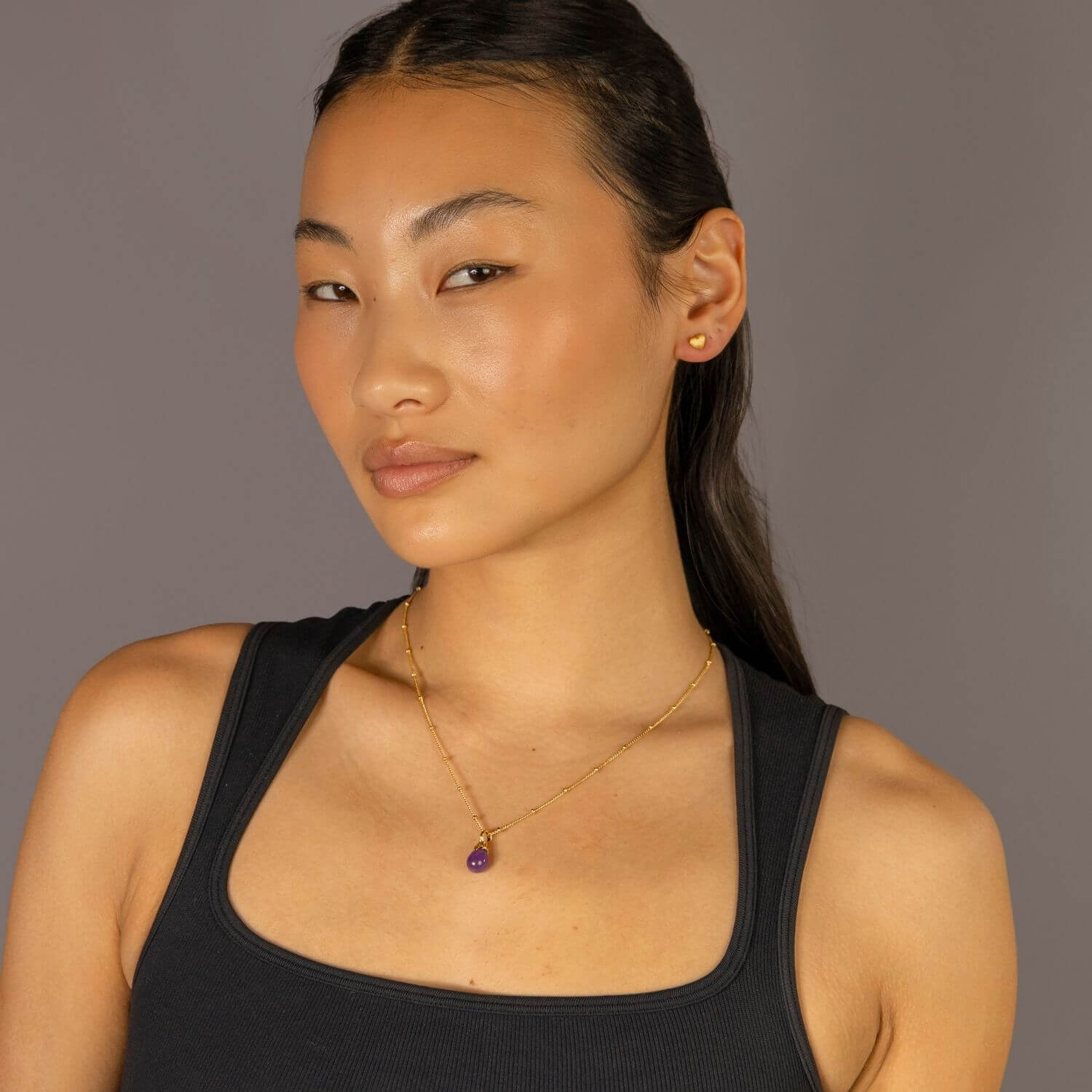 model wears Lavender Jadeite Lichen Pendant Necklace on satellite chain