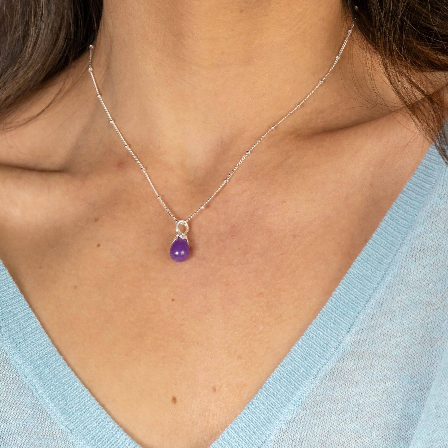 model wears Lavender Jadeite Silver Lichen Pendant Necklace - satellite chain