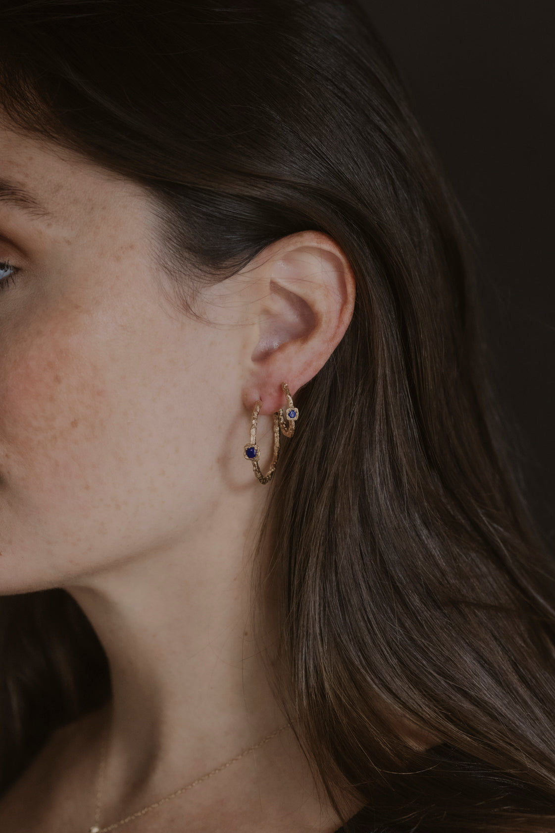 Lapis Lazuli Lichen Branch Gold Medium Hoops