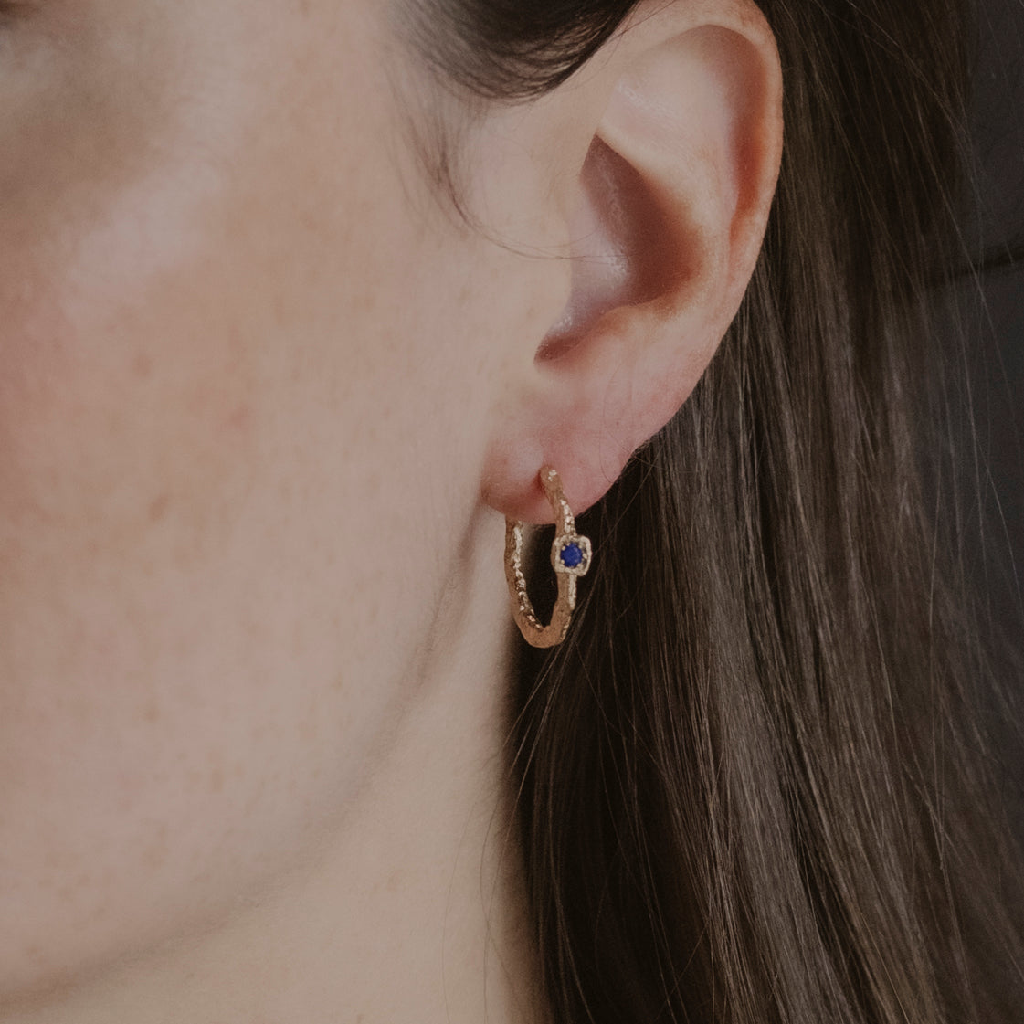 Lapis Lazuli Lichen Branch Gold Medium Hoops