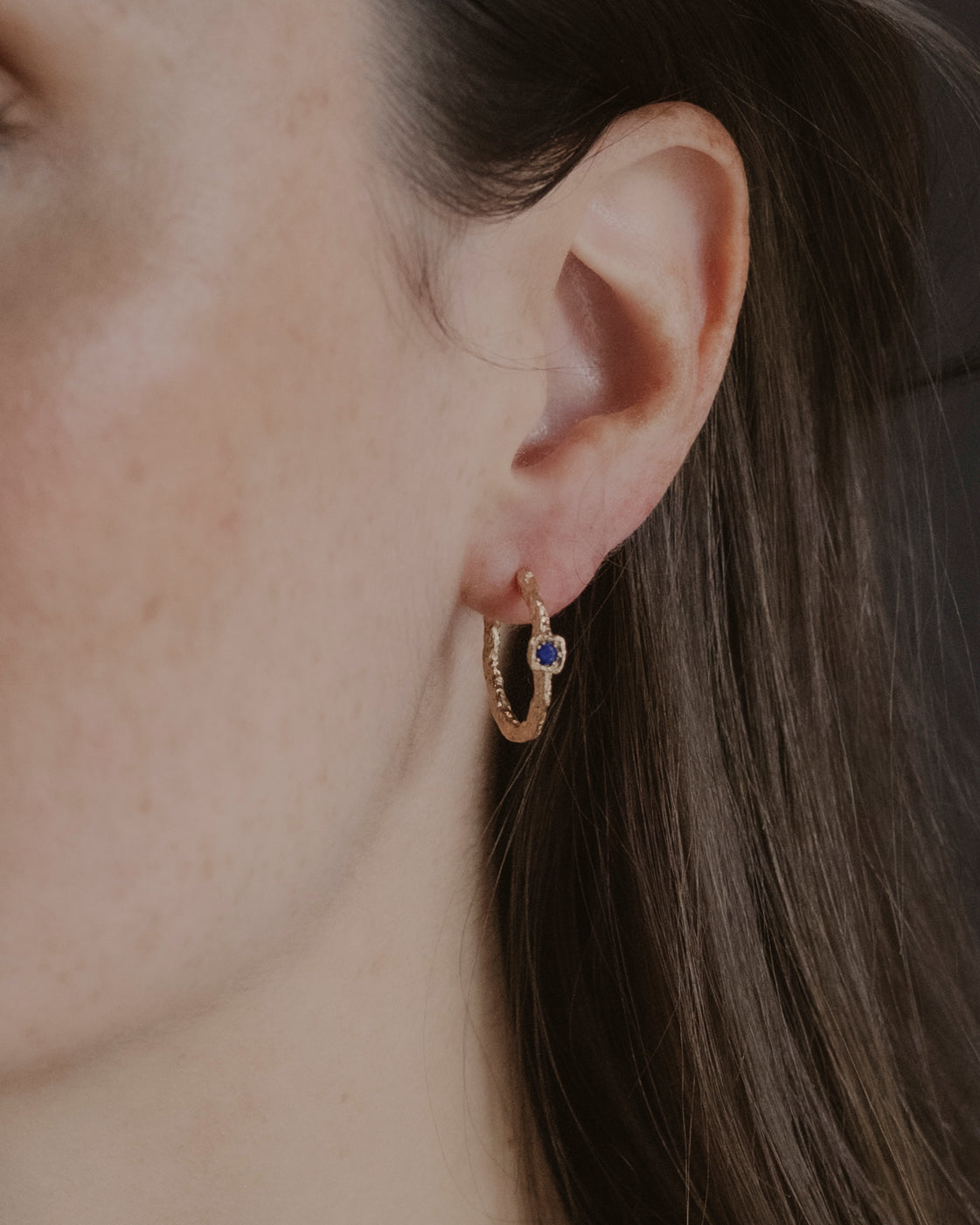 Lapis Lazuli Lichen Branch Gold Medium Hoops