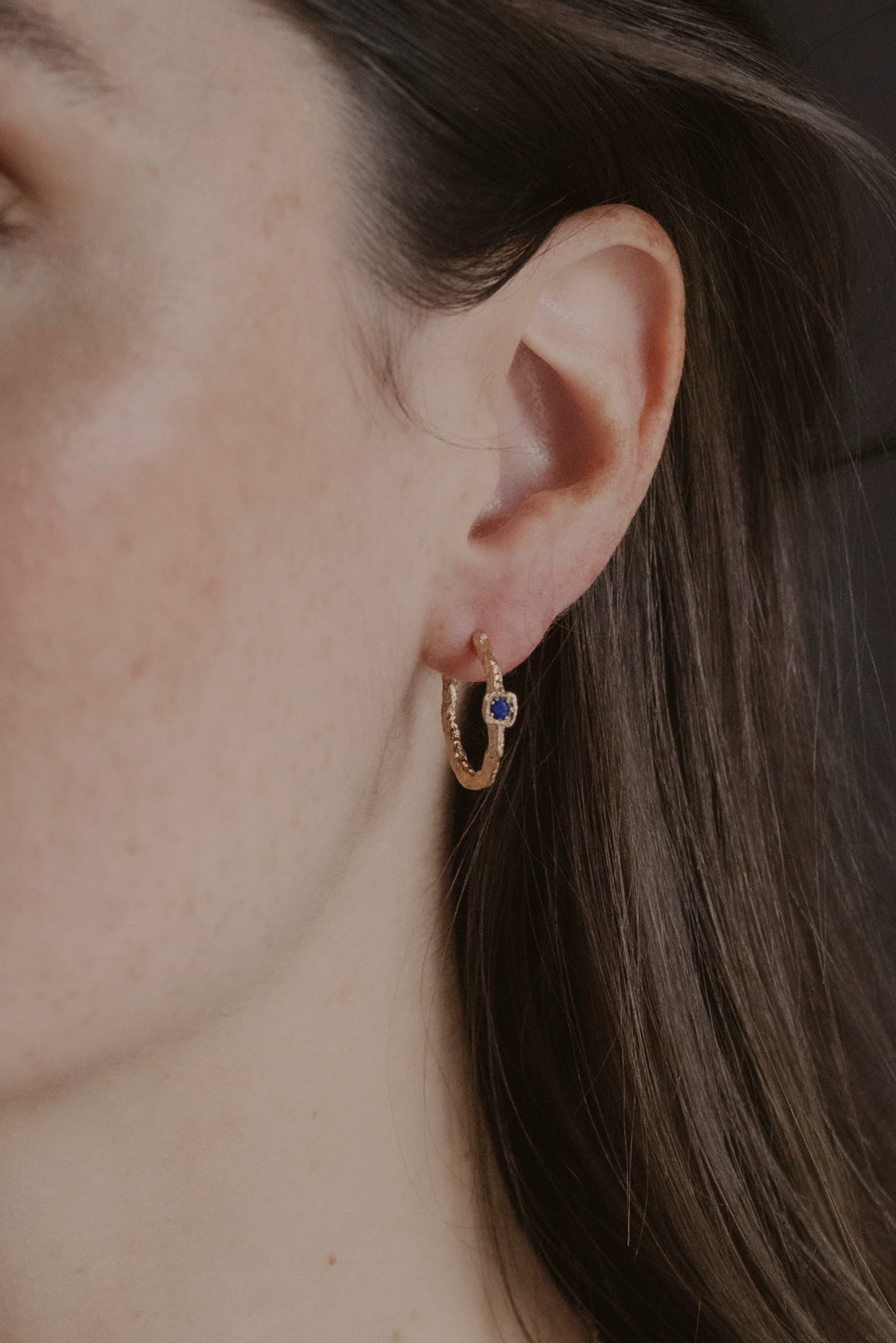 Lapis Lazuli Lichen Branch Gold Medium Hoops