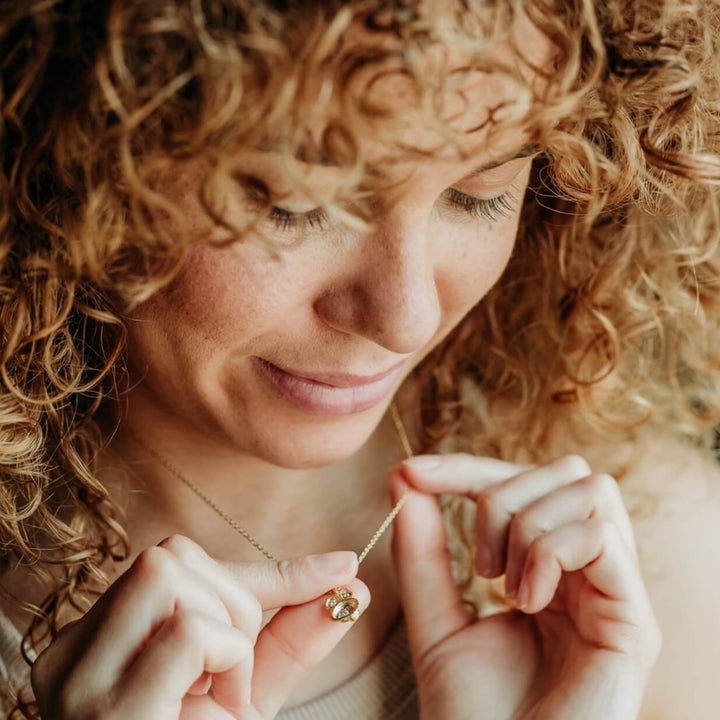 model wears Lab Grown Diamond Gold Drop Pendant Necklace - Claire Hill Designs - close up