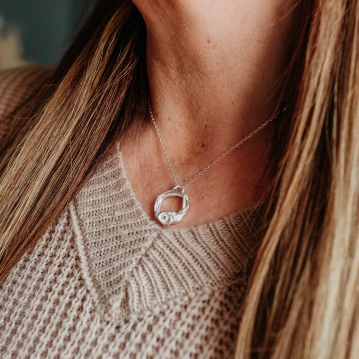model wears Lab Grown Diamond Silver Eternity Necklace - Large - close up