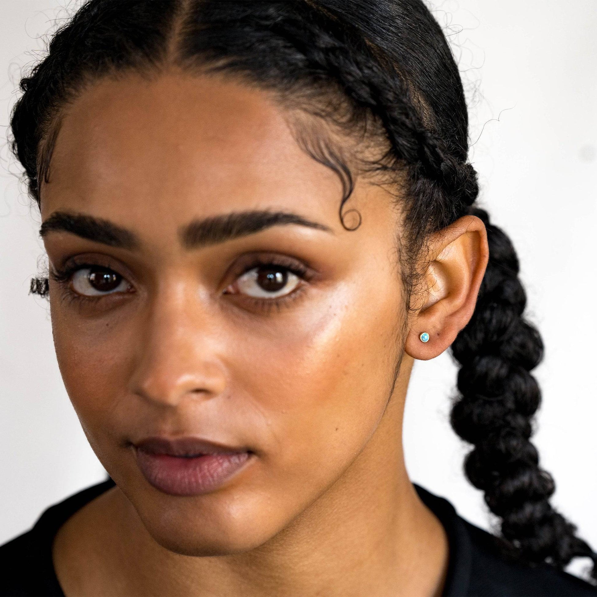 model wears Moon Yellow Opal Gold Stud Earrings