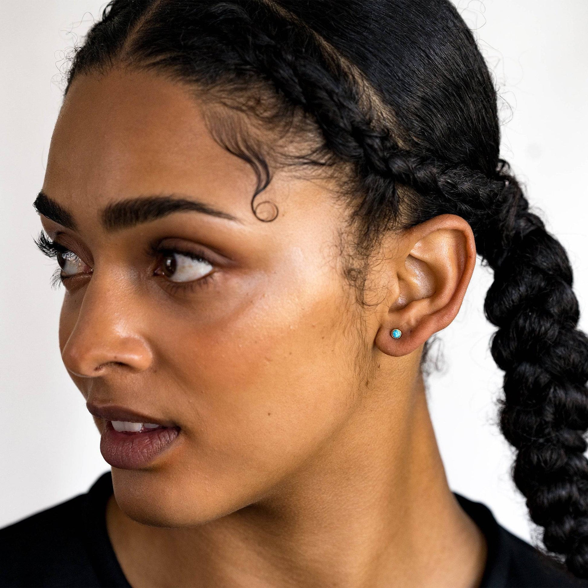 model wears Moon Yellow Opal Gold Stud Earrings