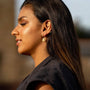 model wears Opal and Gold Lichen Hoop Earrings