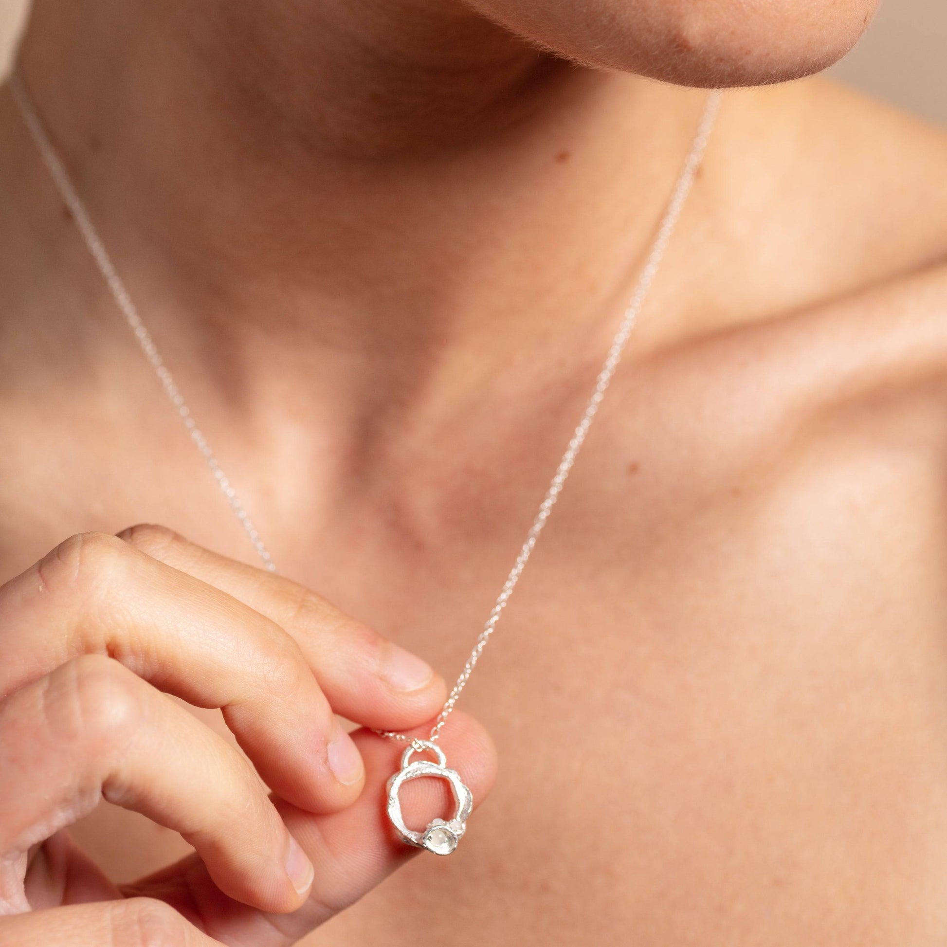 model wears Opal and Silver Branch Circle Necklace - Small