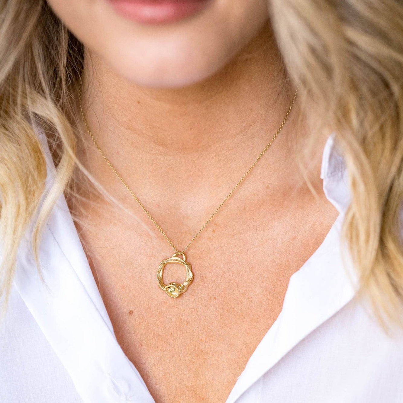 model wears Peridot and Gold Branch Eternity Birthstone Necklace - Large