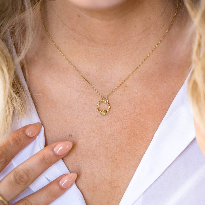 model wears Peridot and Gold Branch Eternity Birthstone Necklace - Small
