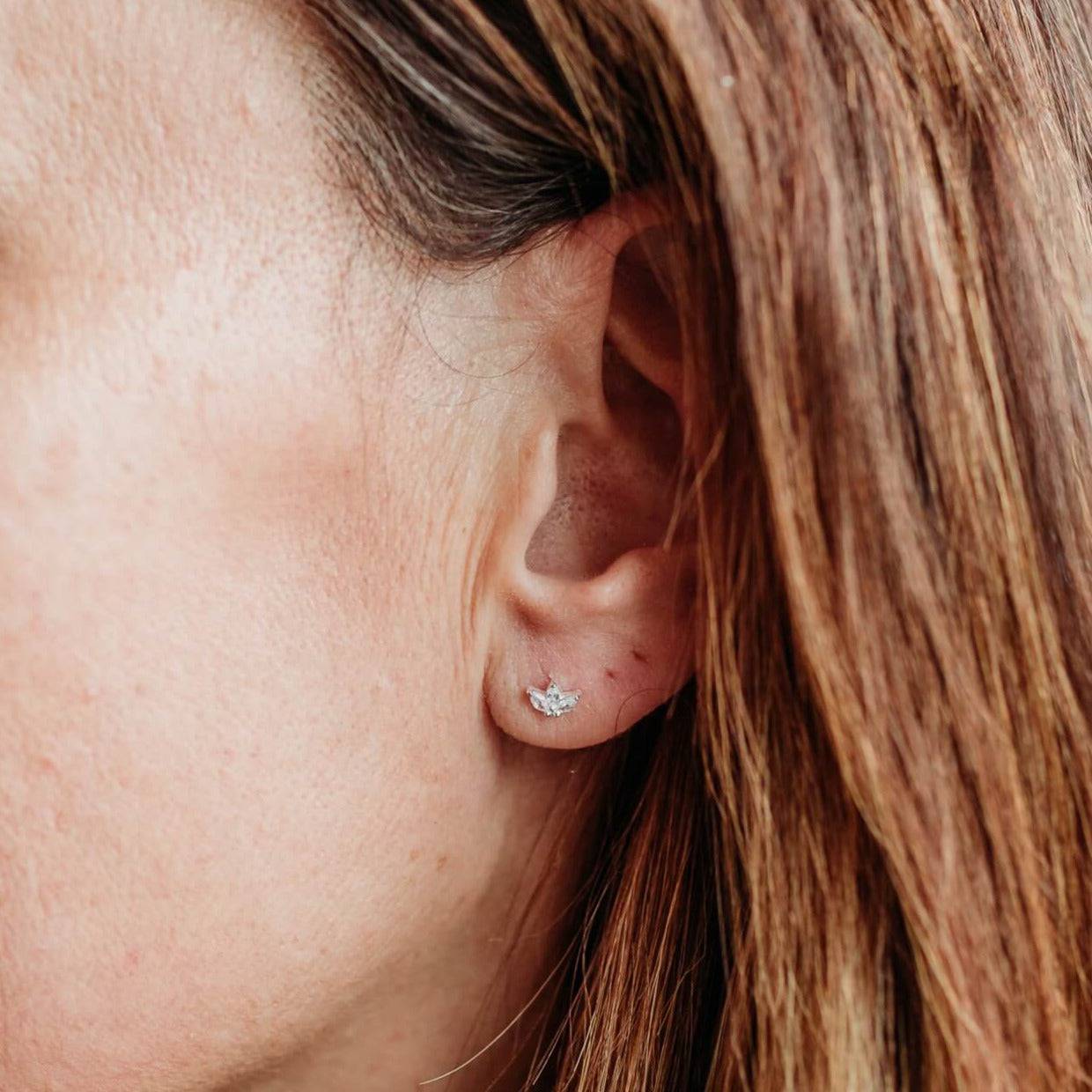 model wears Sparkly Marquise Fan Silver Stud Earrings