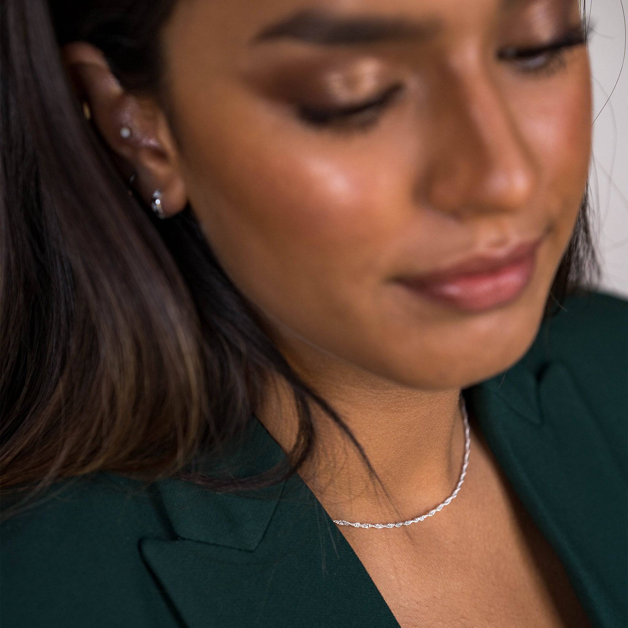 model wears Twisted Rope (Singapore) Dainty Silver Chain