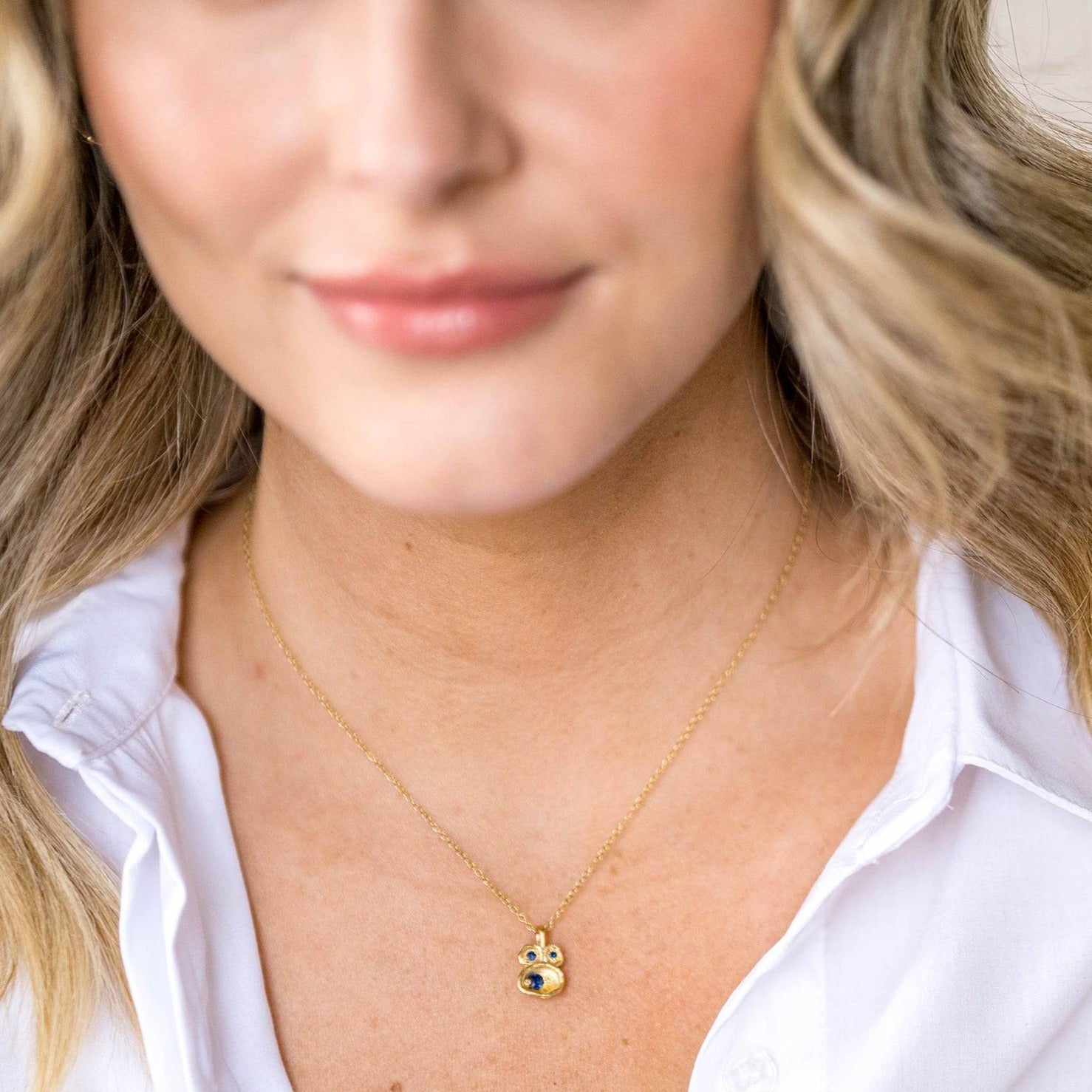 Blue Sapphire and Gold Lichen Birthstone Pendant Necklace