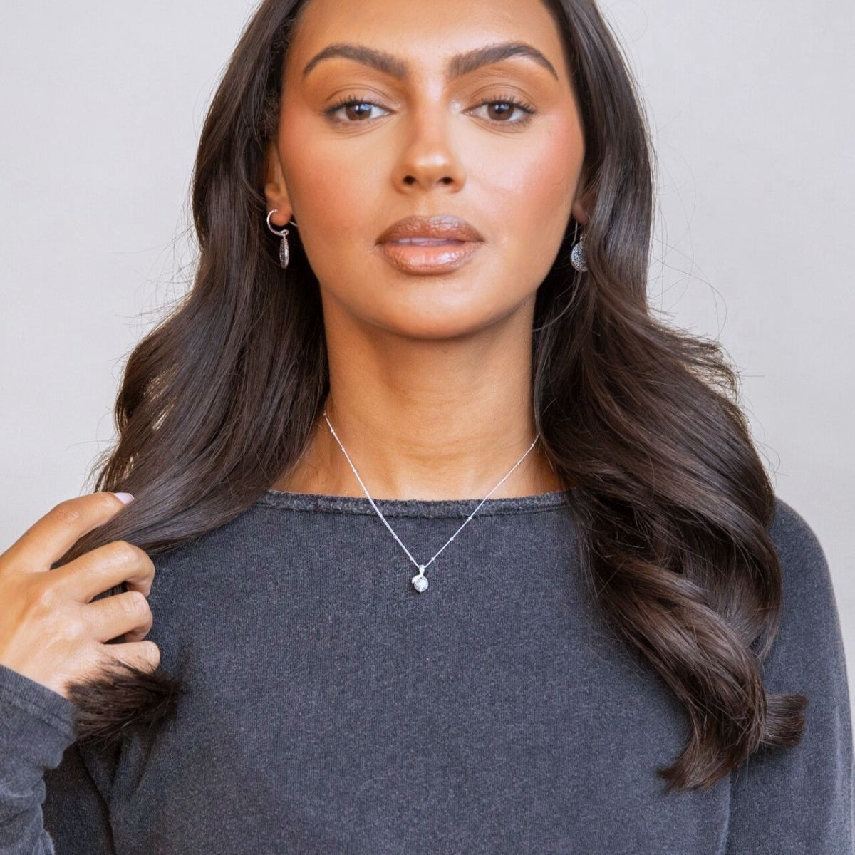  model wears Lemon Silver Charm Necklace 
