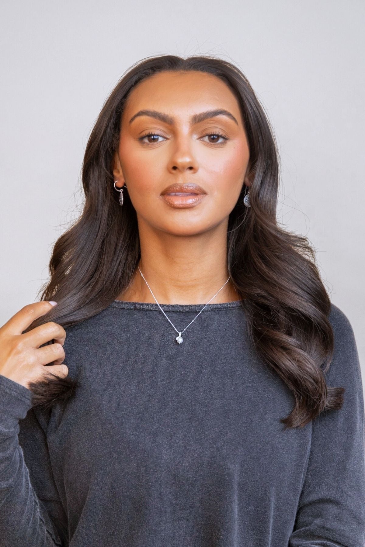  model wears Lemon Silver Charm Necklace 
