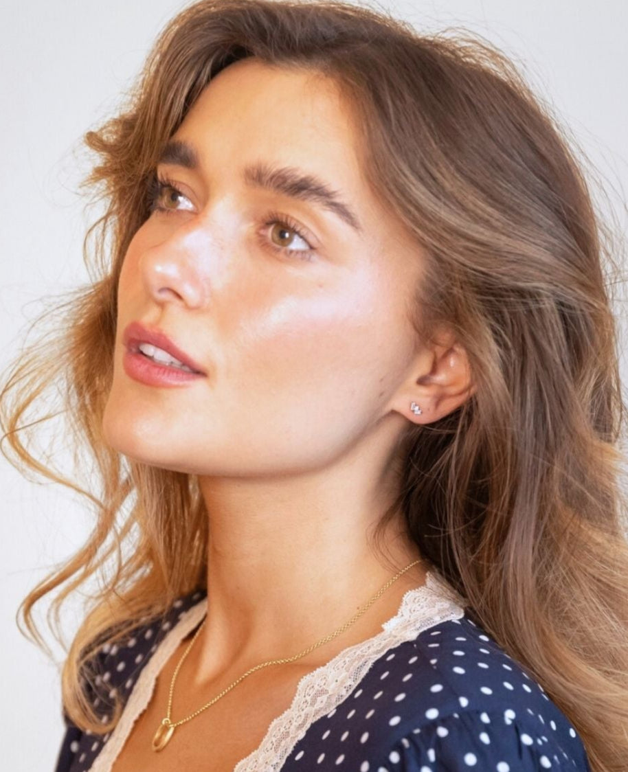 model wears Fan Cubic Zirconia Gold Labret Stud Earring