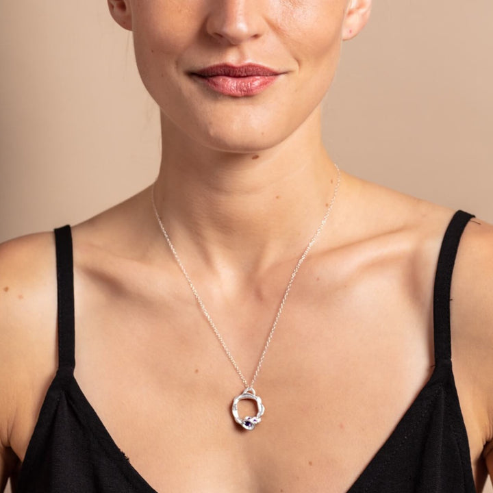 model-wears-silver-amethyst-gemstone-birthstone-large-branch-eternity-necklace-claire-hill-designs