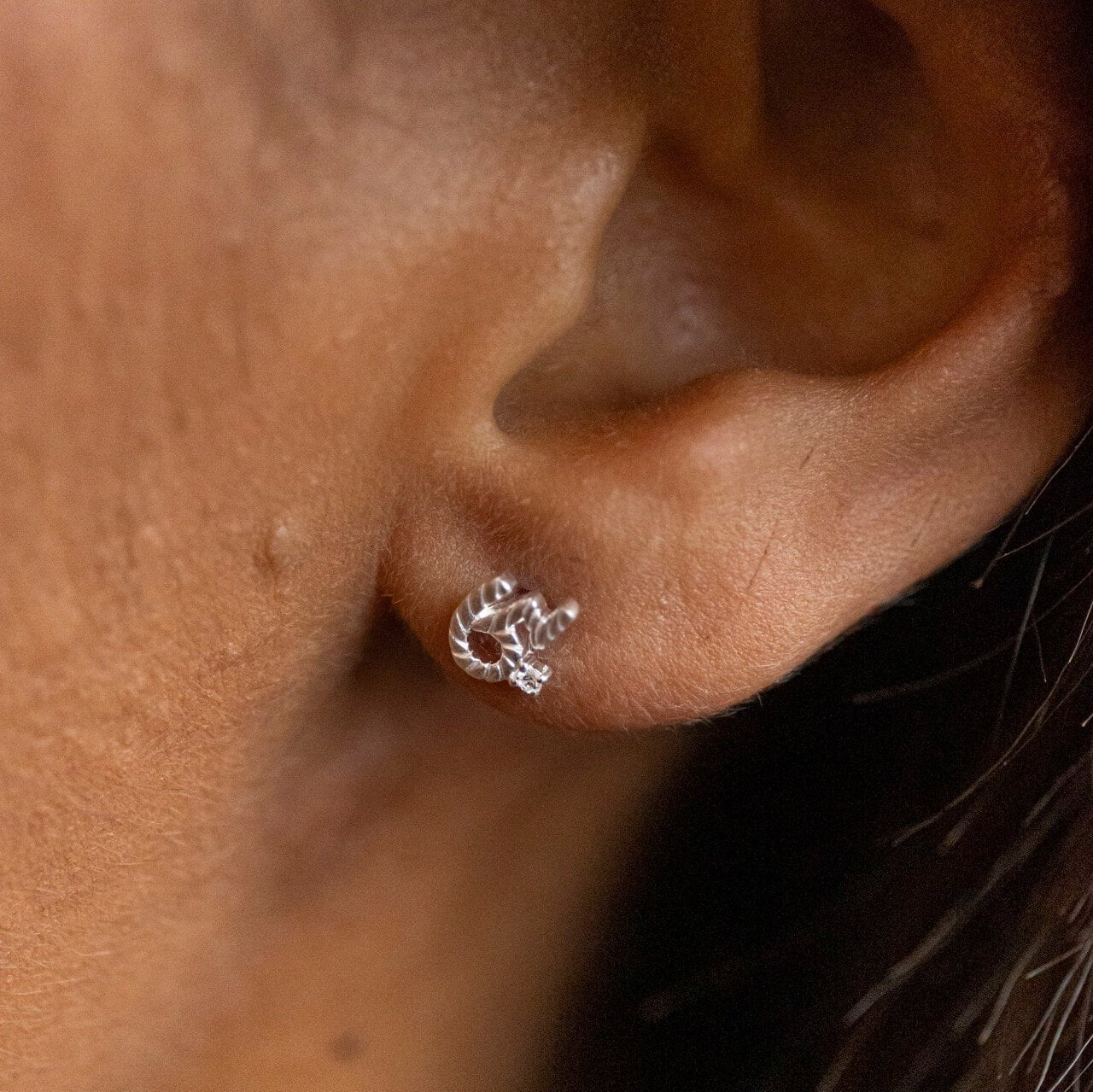 model wears Brave Silver Shorthand Stud Earring - Claire Hill Designs 