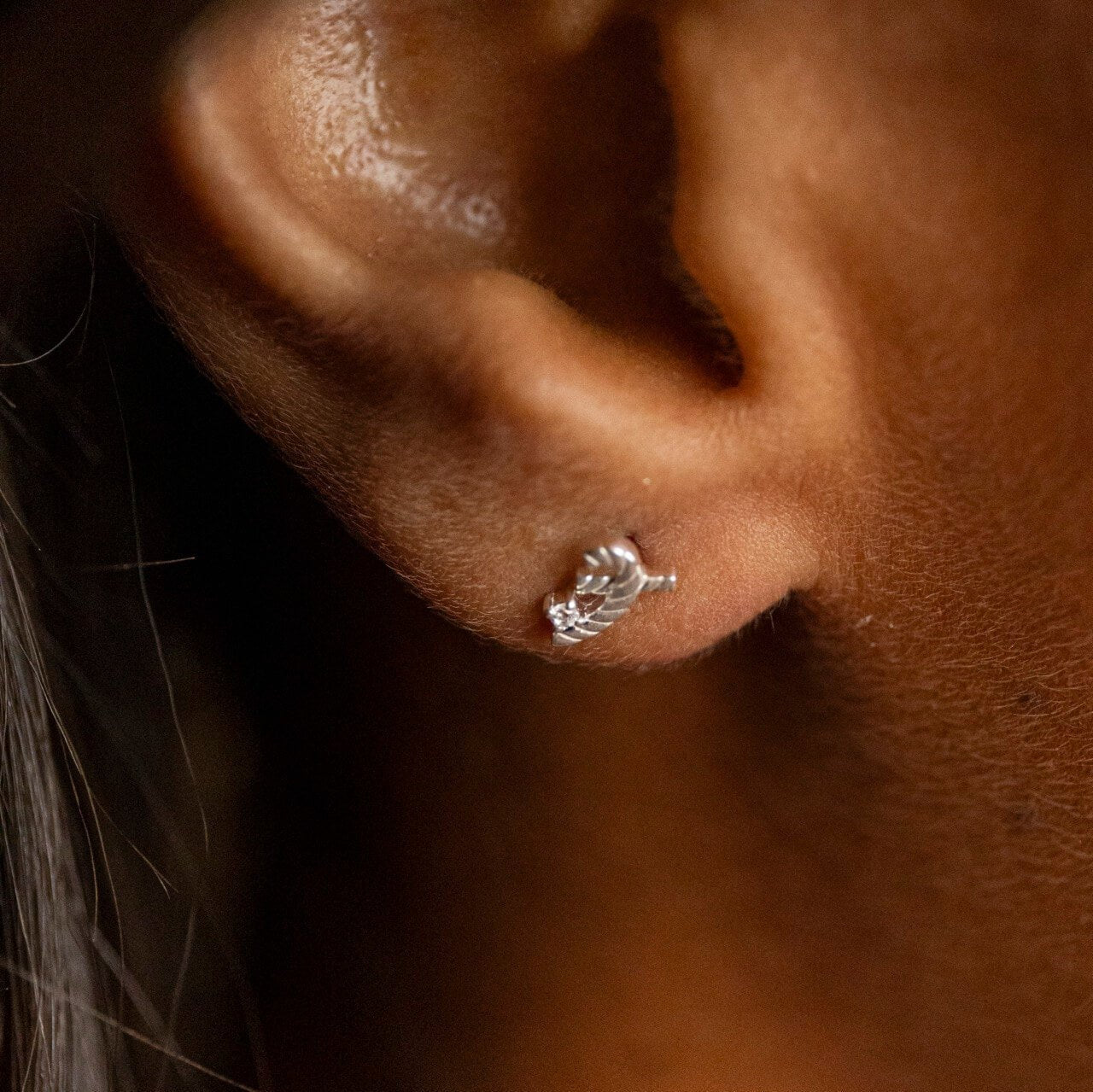 model wears Silver Shorthand Stud Earring Meaning Great - Claire Hill Designs