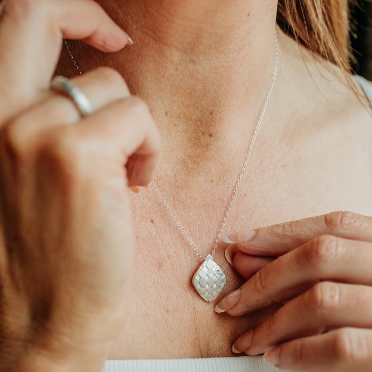 model wears  Lab grown diamond and silver art deco pendant statement necklace