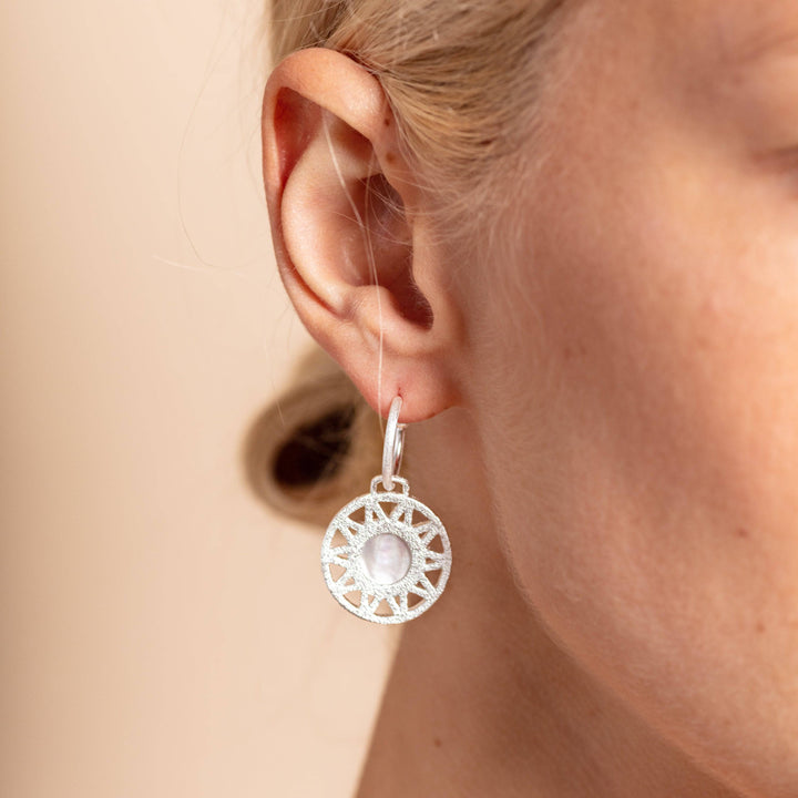 model wears Geometric Mother of Pearl and Silver Statement Hoop Earrings close up