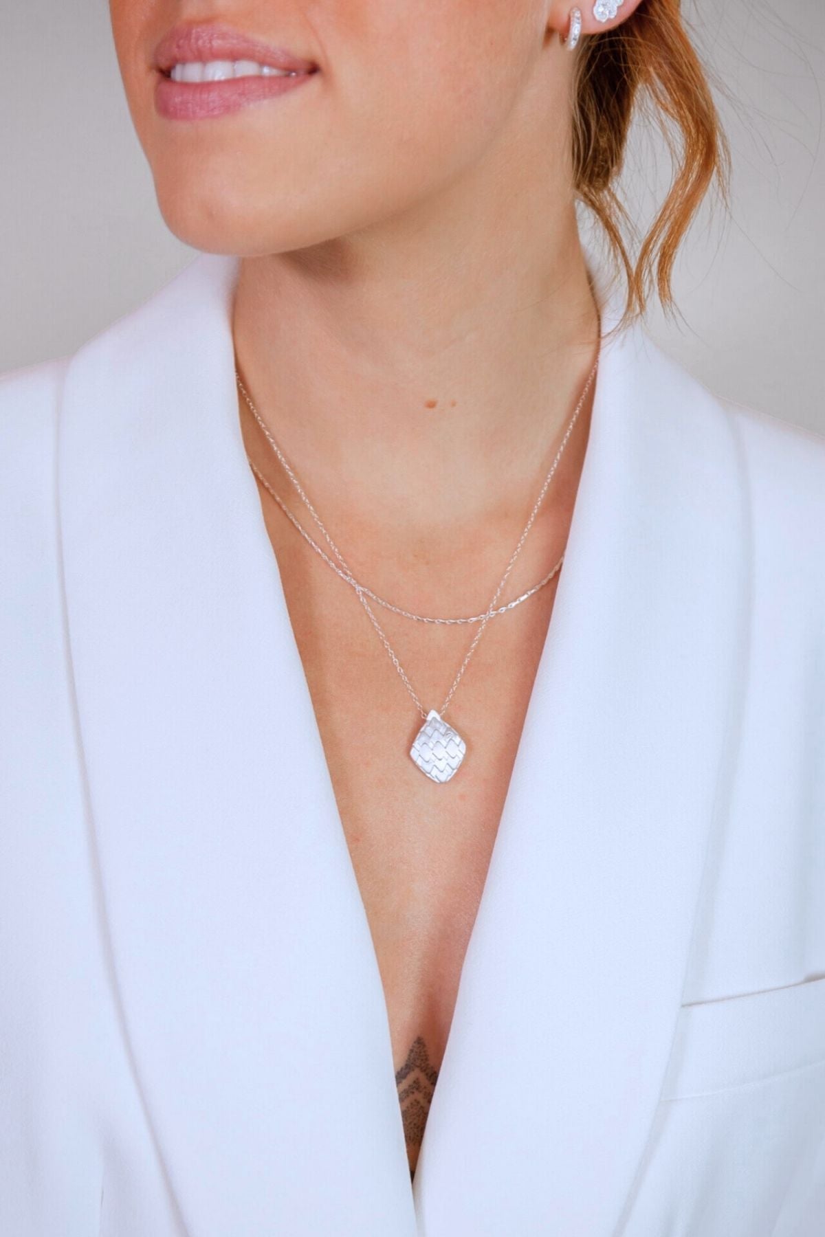 model wears Diamond Art Deco Silver Necklace
