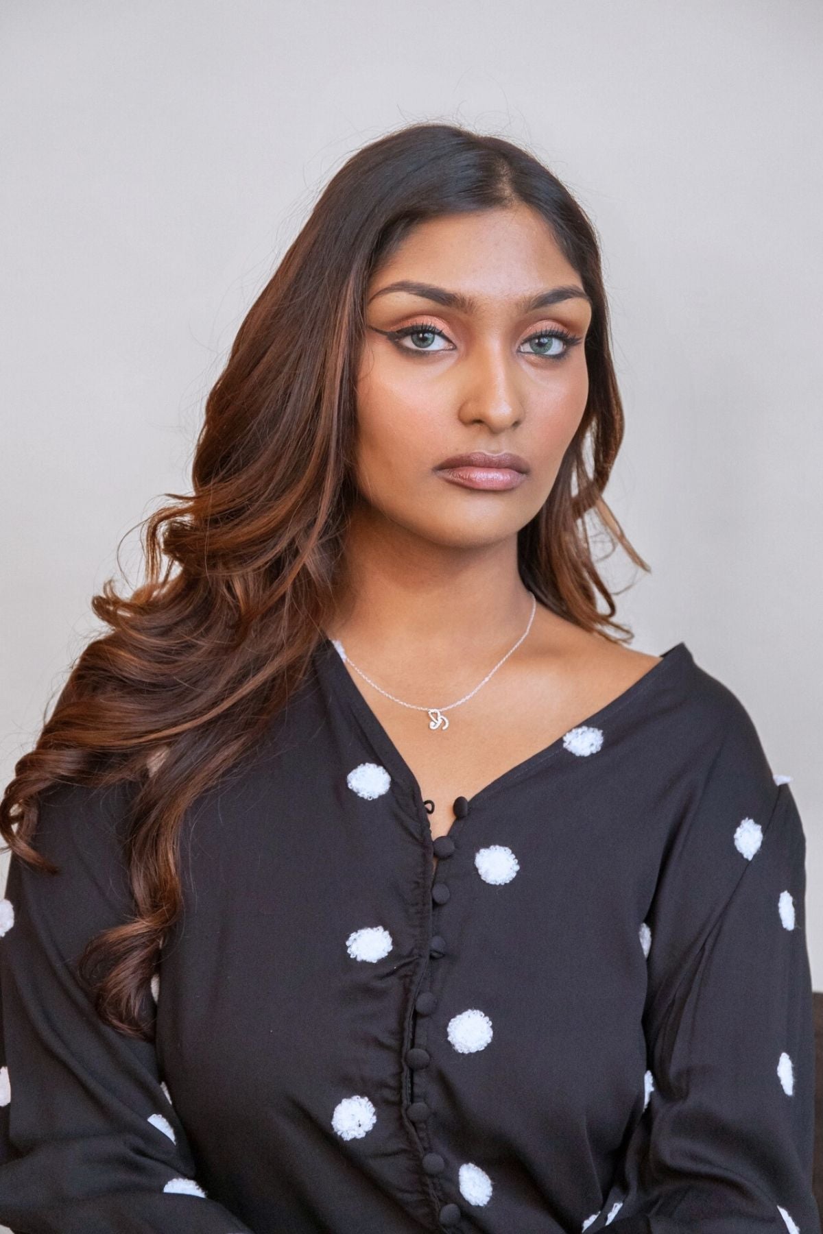 model wears Courage Silver Shorthand Charm Necklace