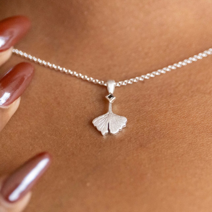 model wears Ginkgo Leaf Silver Charm Necklace
