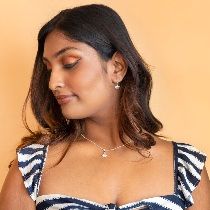 model wears Ginkgo Leaf Silver Charm Necklace