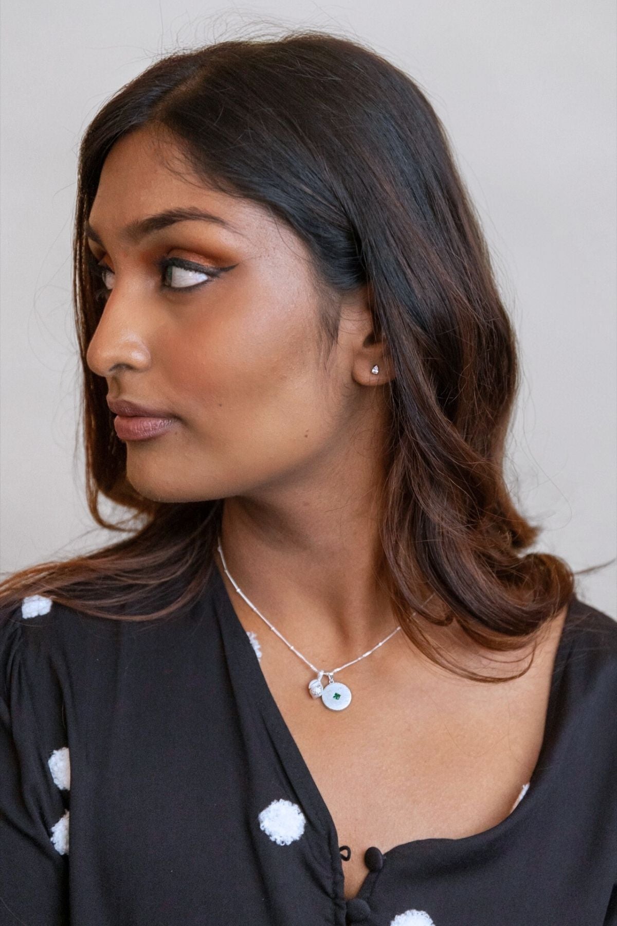 model wears Lemon Silver Charm Necklace and lovespoon charm