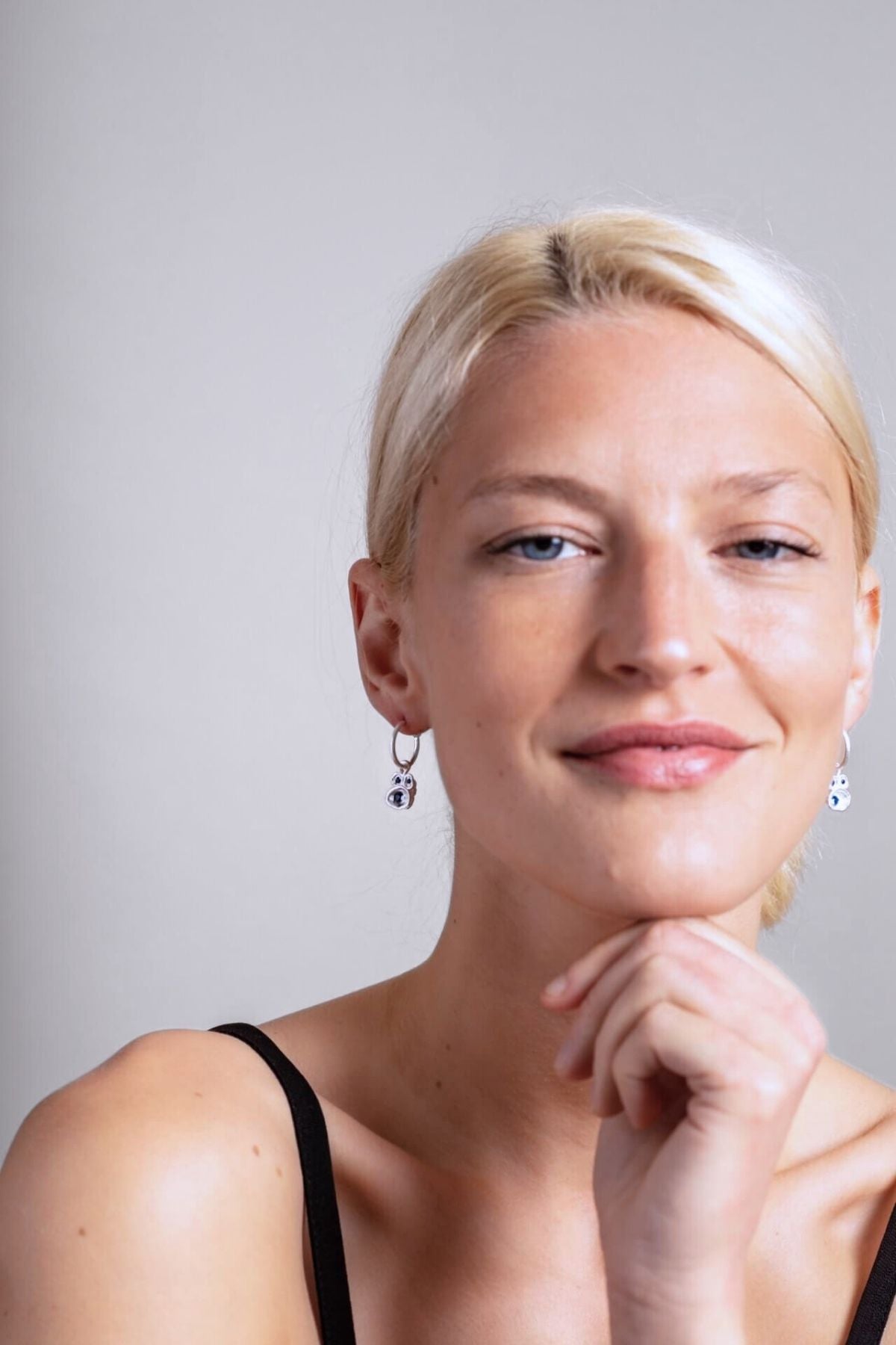 model wears Sapphire Silver Lichen Hoop Earrings