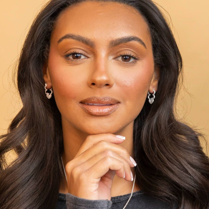 model wears Silver Sparkly Cloud Hoop Earrings  - Claire Hill Designs
