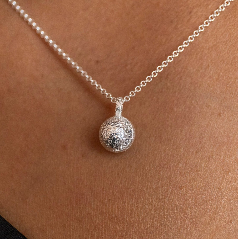Model wears sparkly crescent silver moon Charm Necklace - Claire Hill Designs 