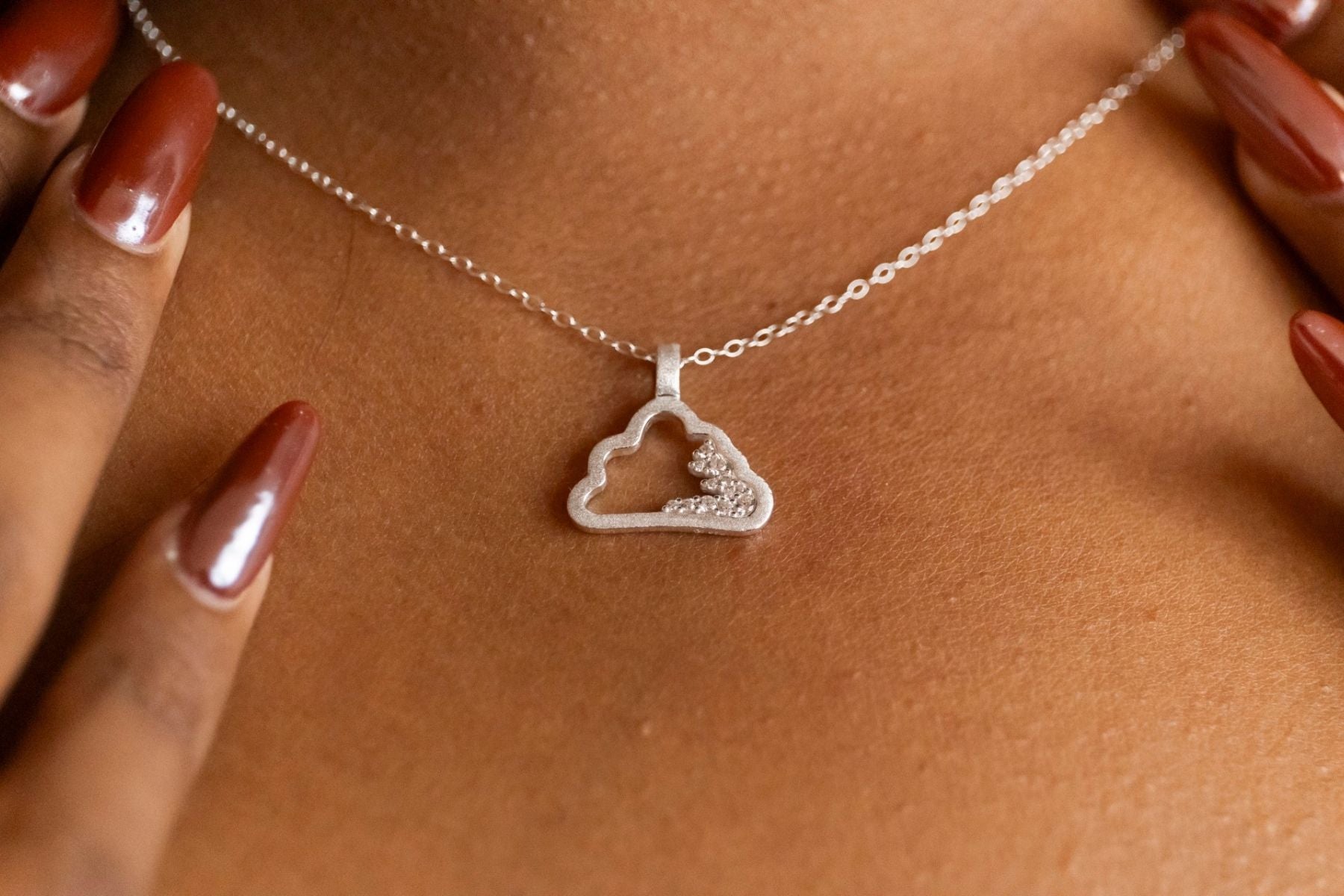 model wears Sparkly Silver Cloud Charm Necklace