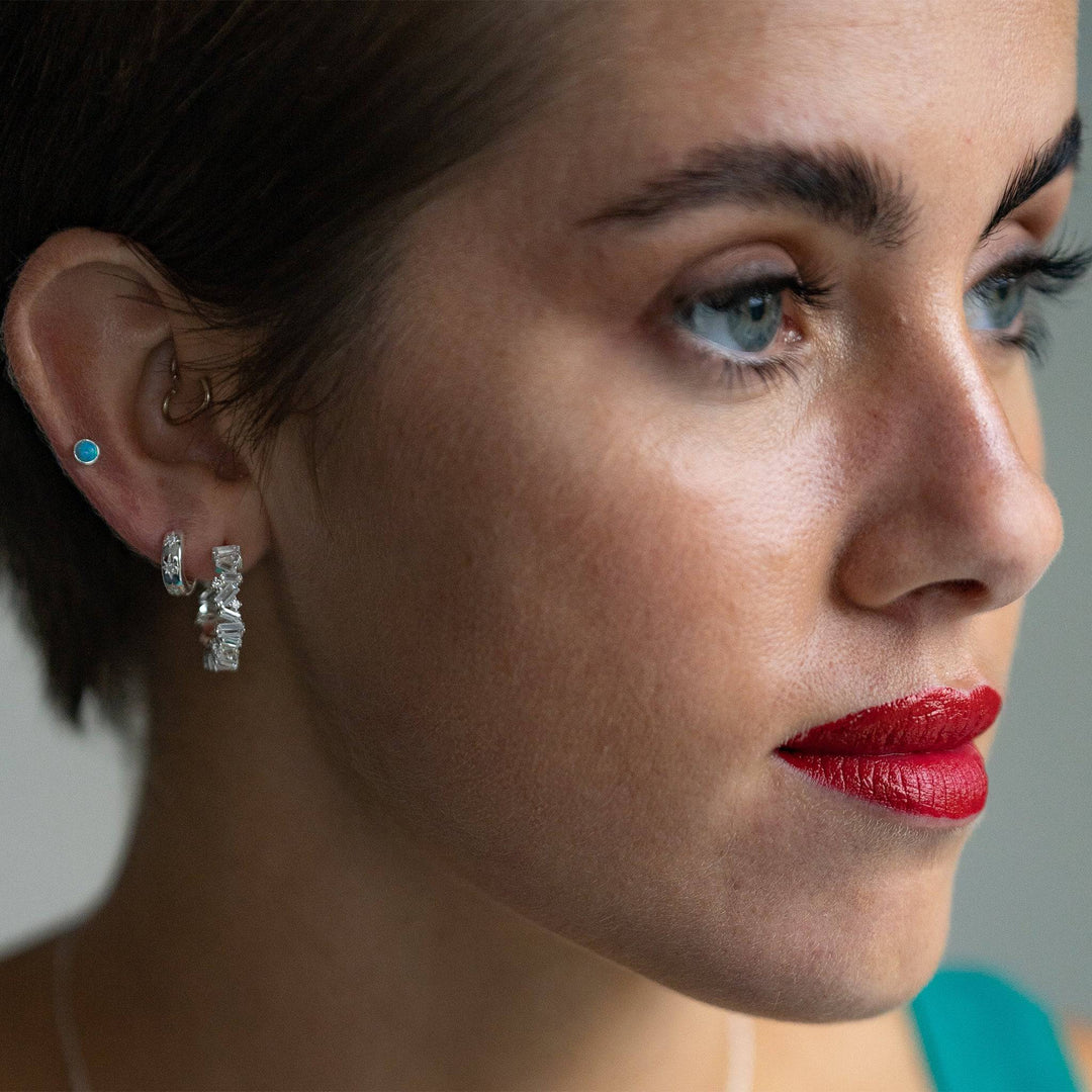 model wears Statement Sparkly Silver Baguette Hoop Earrings (20mm)