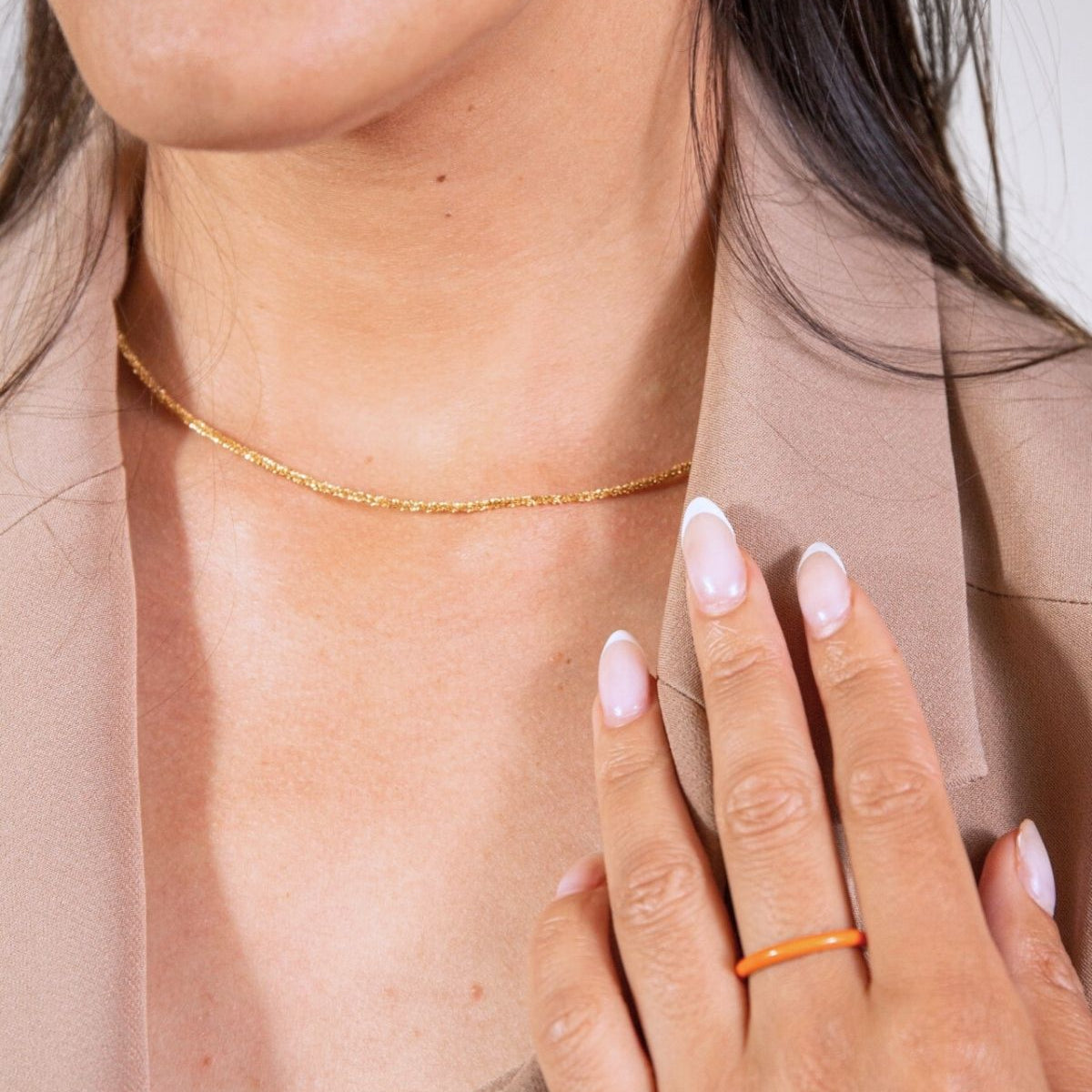 model wears Stardust Gold Layering Chain Necklace - close up 