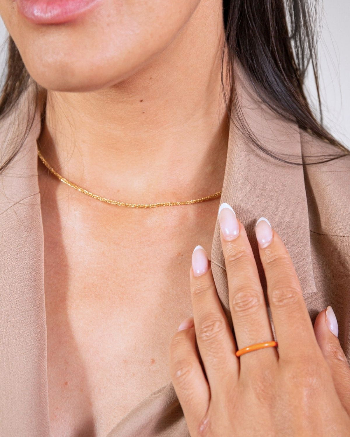 model wears Stardust Gold Layering Chain Necklace - close up 