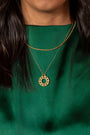 model wears Stardust Gold Layering Chain Necklace  and gold geometric pendant necklace - close up 