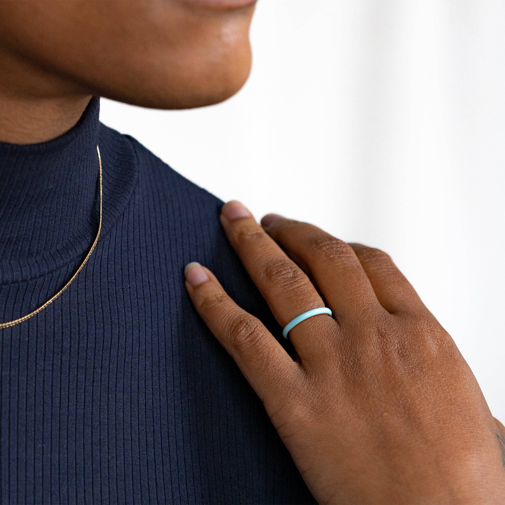 model wears Turquoise Enamel Stacking Ring