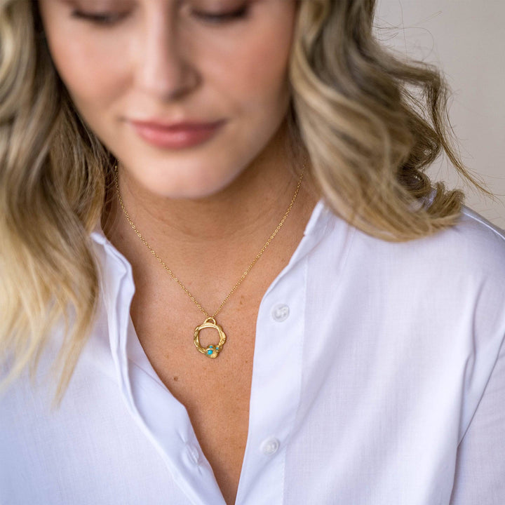 model wears Turquoise and Gold Birthstone Branch Circle Necklace - Large