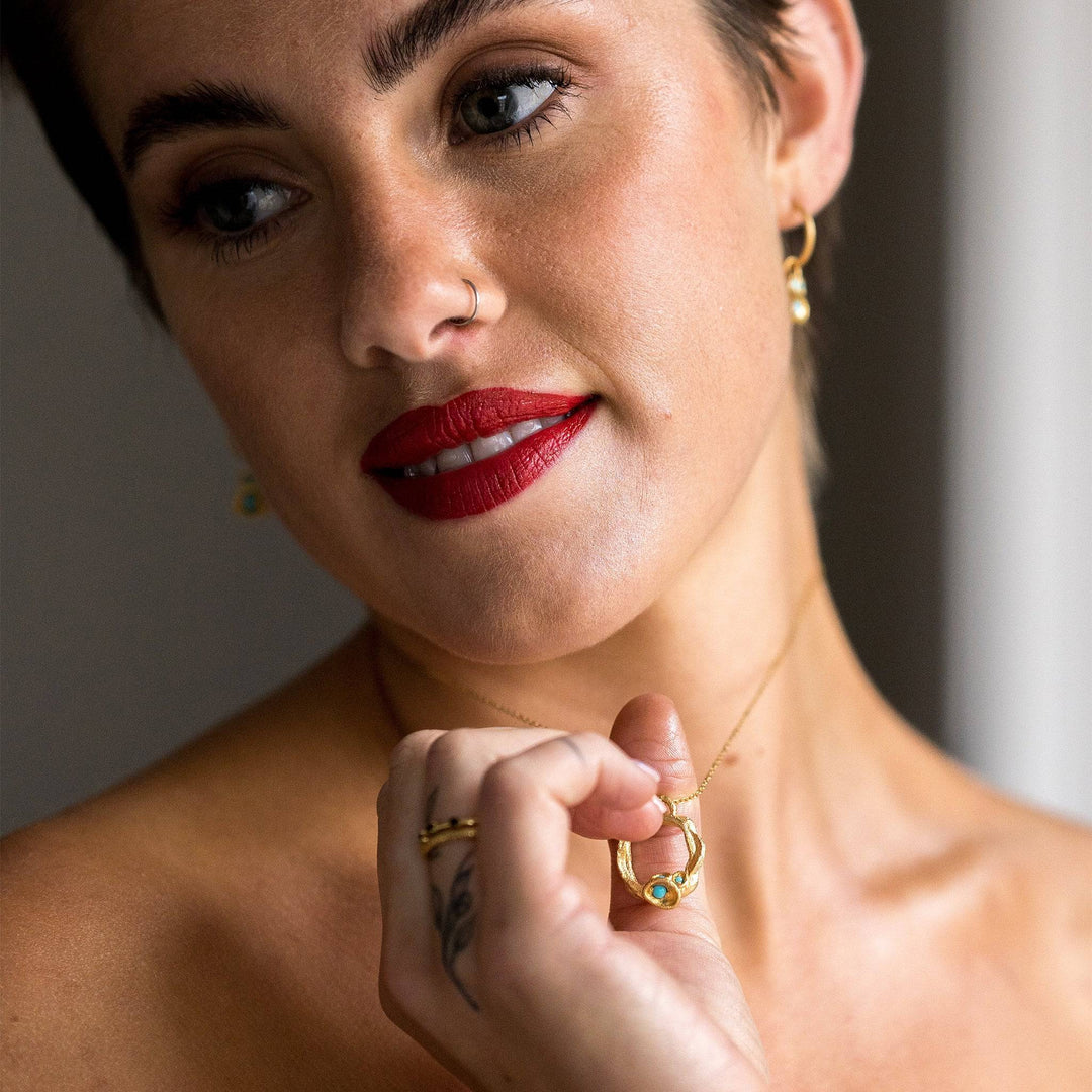 model wears Turquoise and Gold birthstone Branch Circle Necklace - Large - close up