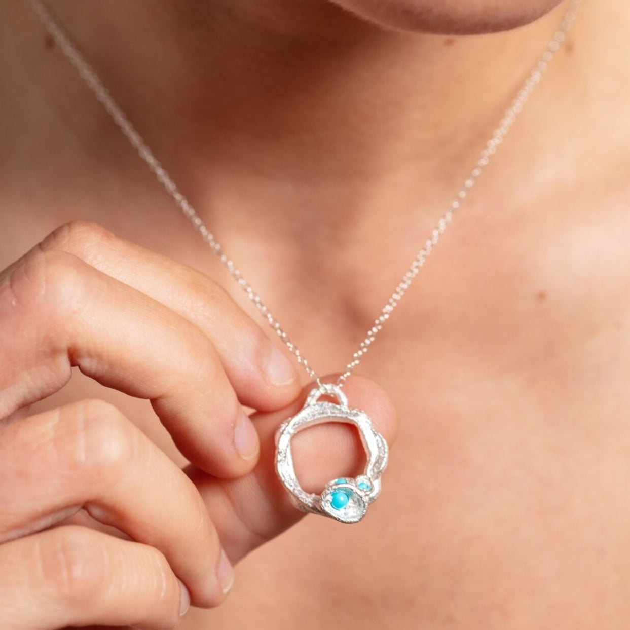 model wears Turquoise and Silver Birthstone Branch Circle Necklace - Large