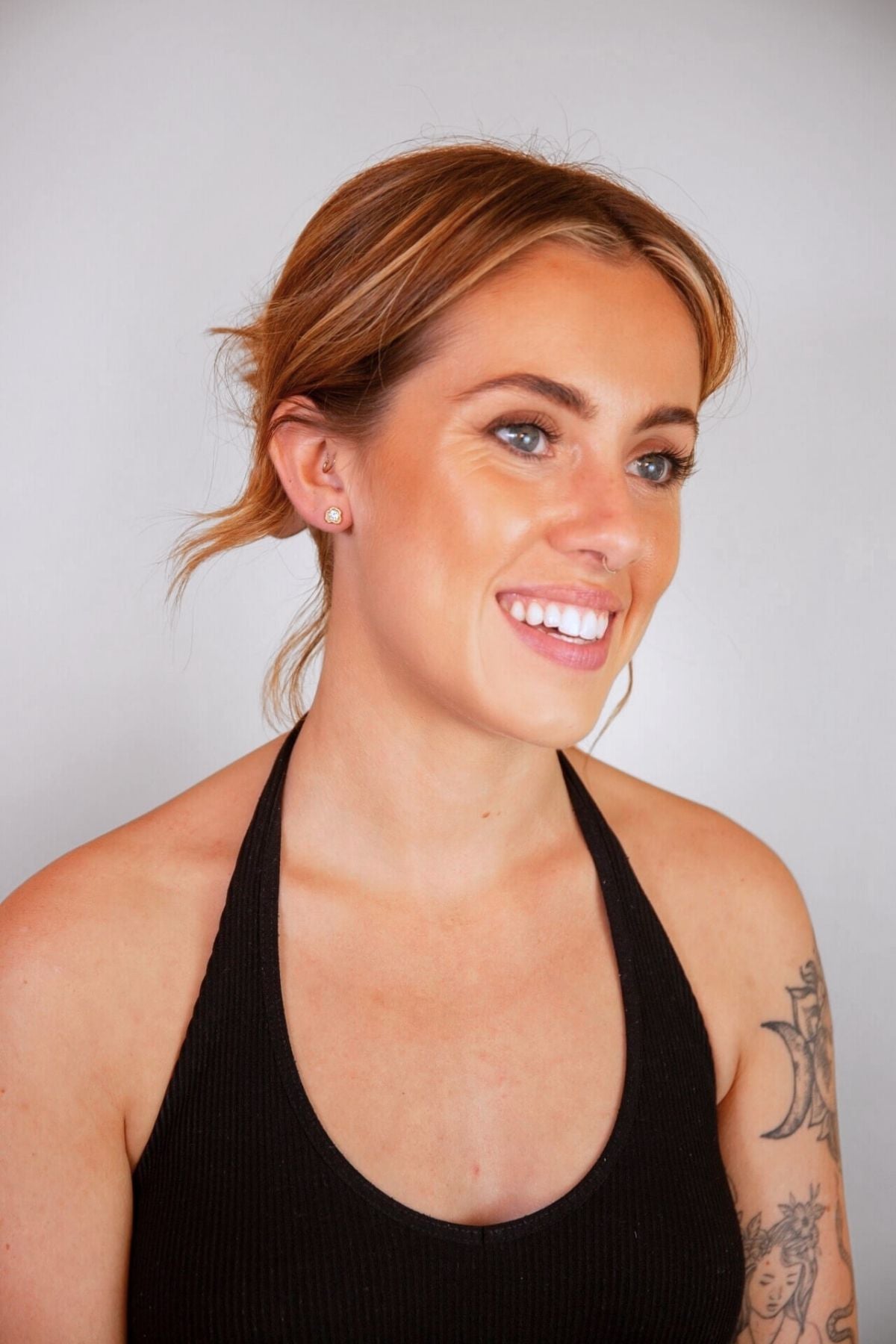model wears White Topaz Gold Lichen Stud Earrings
