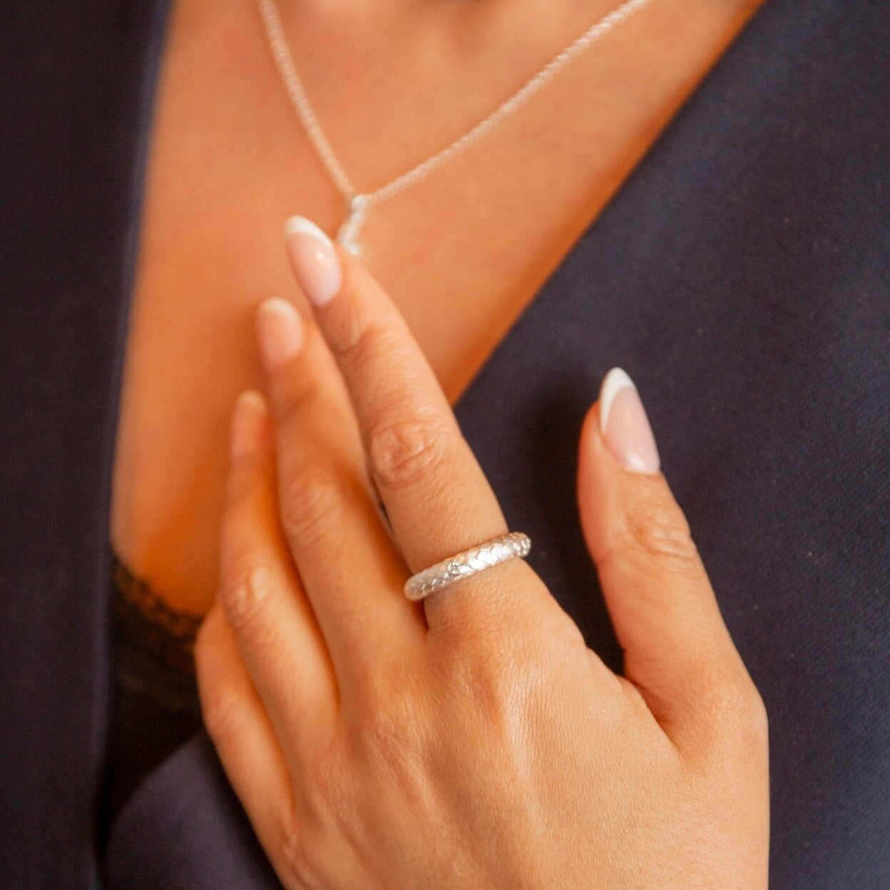 model wears  Lab grown diamond and silver art deco statement ring