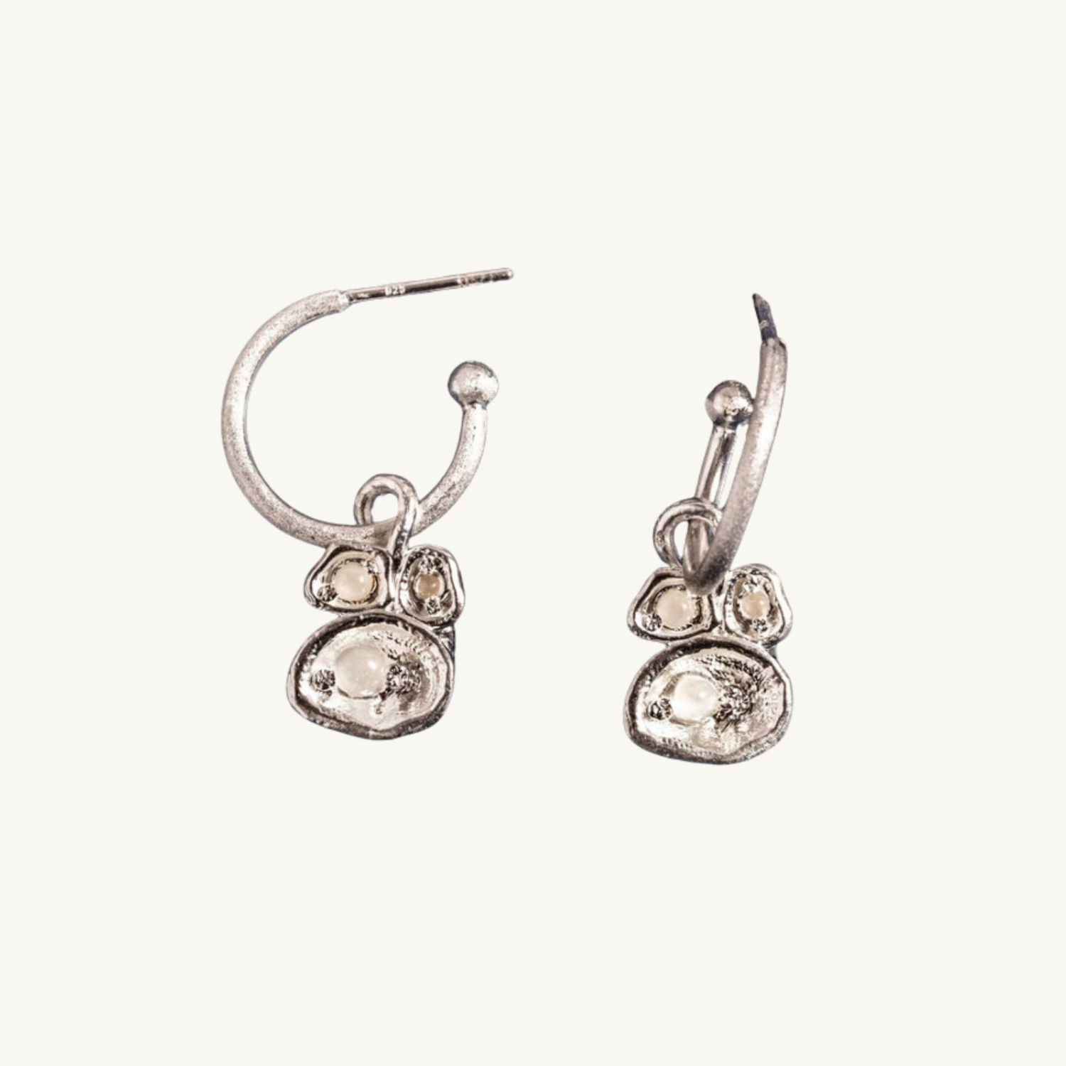 Moonstone Silver Lichen Hoop Earrings