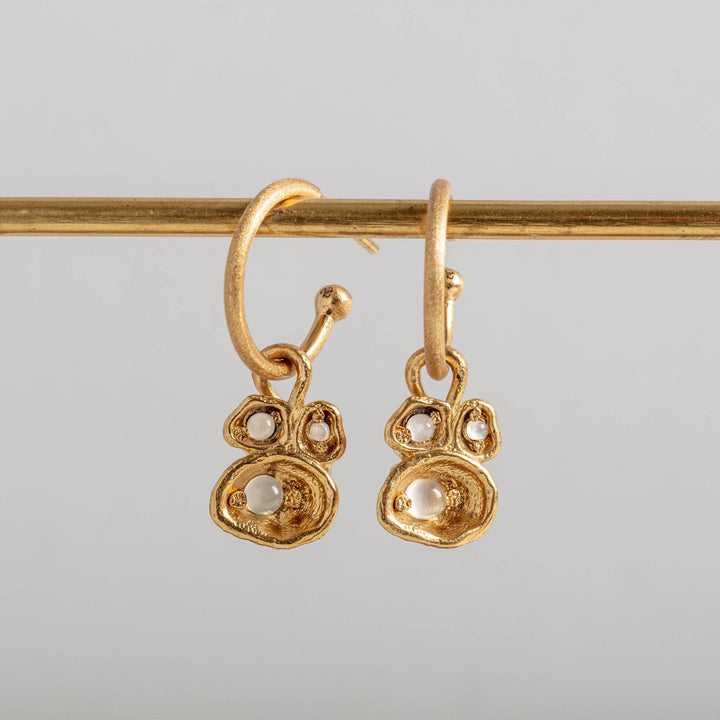 Moonstone and Gold Lichen Hoop Earrings